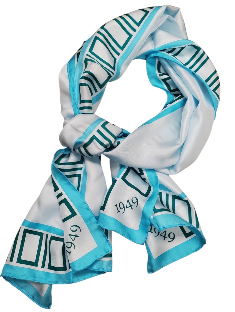 Vntg 100% Silk Scarf Geometric MCM Space Age 1949 Graphic Turquoise Blue. Korea